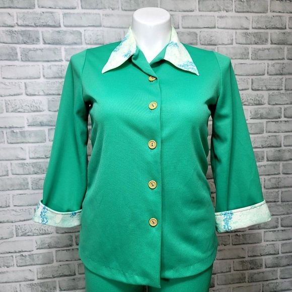 Vintage 70s Sears Fashions Womens L/XL Green Polyester Pant Leisure Suit 2pc Set - Picture 2 of 12